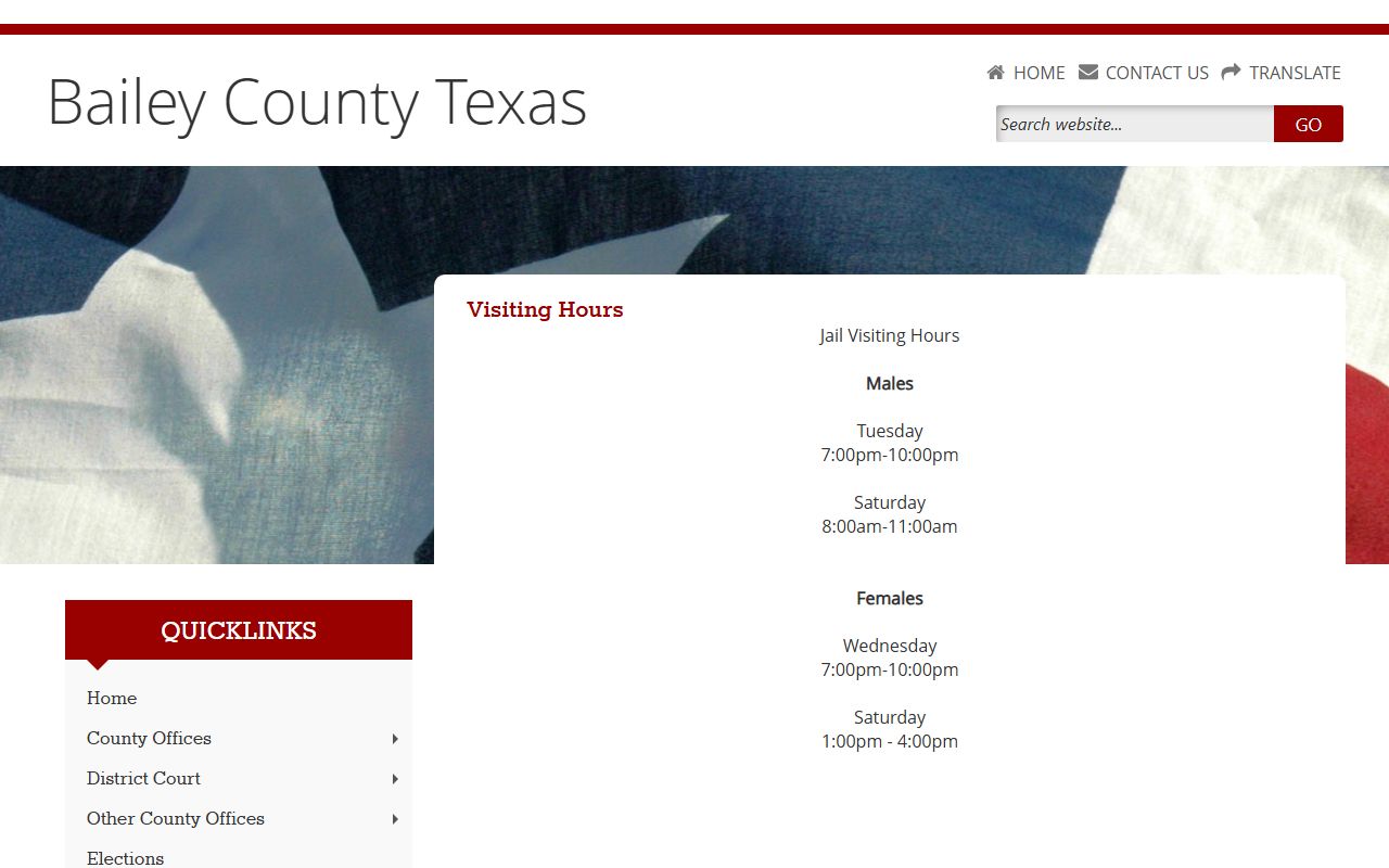 Bailey County Jail visitation schedule for inmates