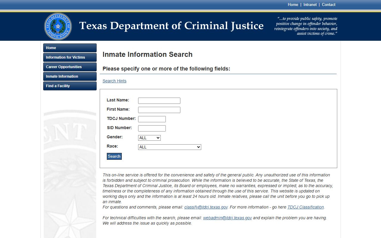 Bailey County inmate search after sentencing in the TDCJ locator
